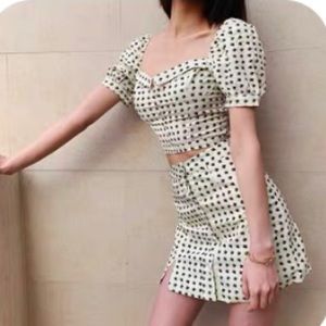 Heart print creamy puff top and mini dress set